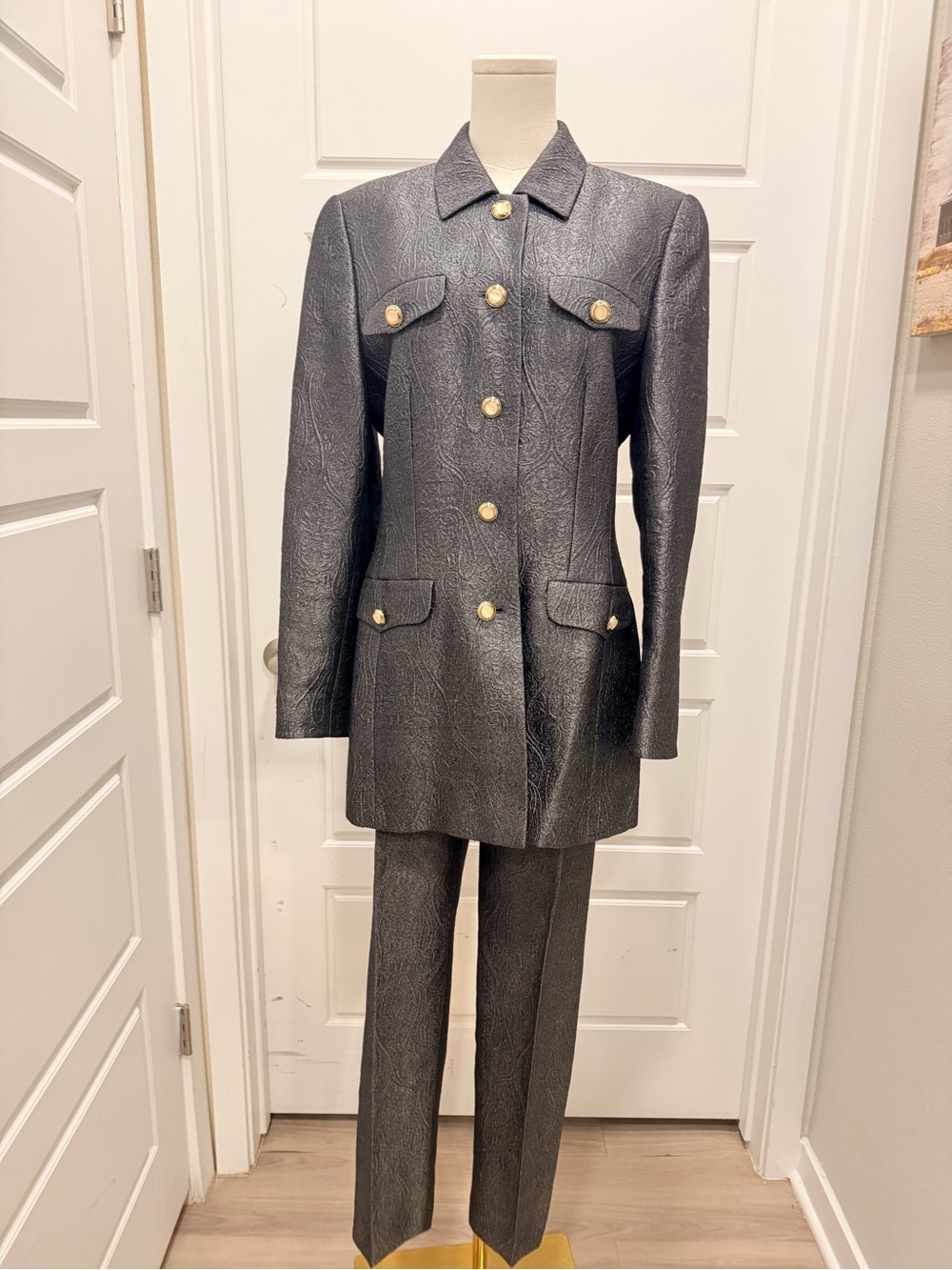 Escada Charcoal Gray Textured Silk-Virgin Wool Two-Piece Suit with Gold Buttons - Picture 2 of 13